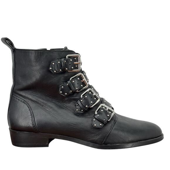 VINCE CAMUTO Corvina Studded Moto Boot SZ 8.5 Women’s Black Leather Buckle Edgy - Picture 1 of 12